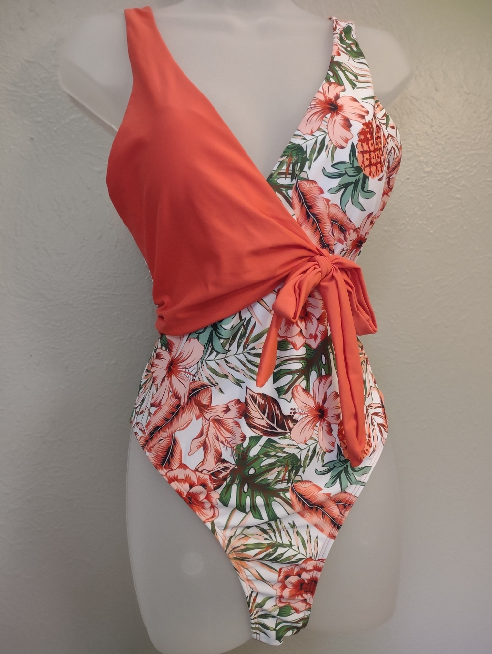 Floral Tropical One-Piece Wrap Front Swimsuit – Orange & Pineapple Print Large - Picture 3 of 10